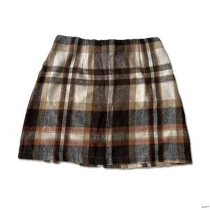 Plaid Wool Blend Mini Skirt - Brown and Cream